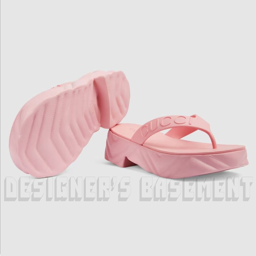 GUCCI pink rubber 38 -8US Logo Thong Matelasse quilt Platform Slides sandals NIB - Picture 9 of 13